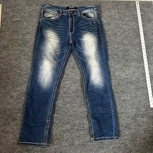 True Luck Jeans Mens Size 36/32 Blue Straight Leg Stitch Distressed Denim